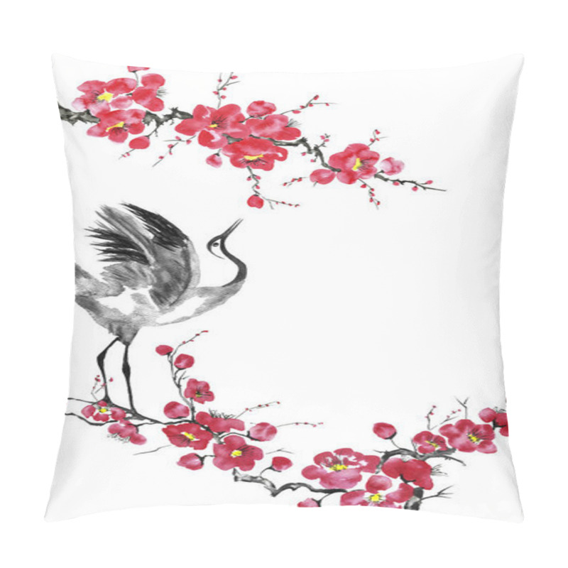 Personality  Japanese Cranes Bird Drawing .  Red Stylized Flowers Of Plum Mei, Wild Apricots And Sakura . Watercolor And Ink Illustration In Style Sumi-e, U-sin, Go-hua Oriental Traditional Painting. Isolated  Pillow Covers