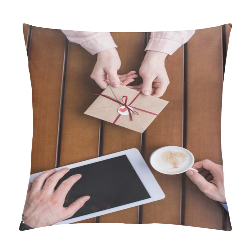 Personality  Cropped Image Of Girlfriend Gifting Postcard In Envelope To Boyfriend With Tablet And Coffee Pillow Covers