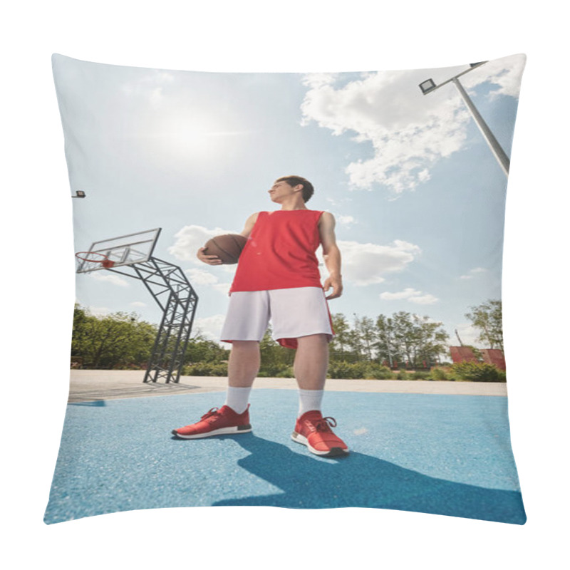 Personality  A Young Basketball Player Stands On The Court, Holding A Basketball, Ready To Play In The Summer Heat. Pillow Covers