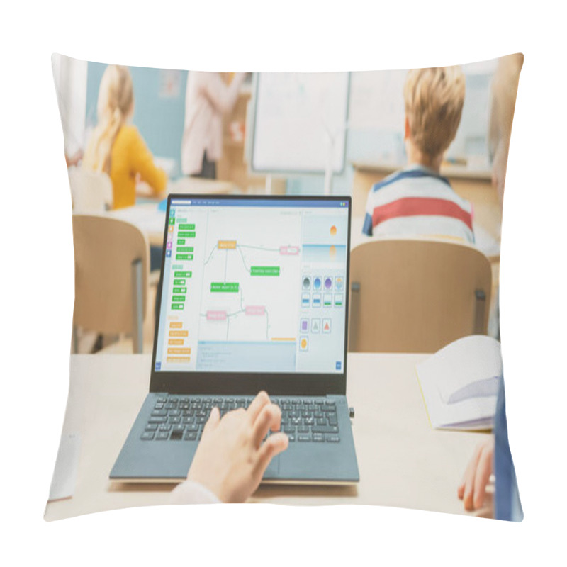 Personality  Elementary School Science Class: Over The Shoulder Little Boy And Girl Use Laptop With Screen Showing Programming Software. Physics Teacher Explains Lesson To A Diverse Class Full Of Smart Kids Pillow Covers