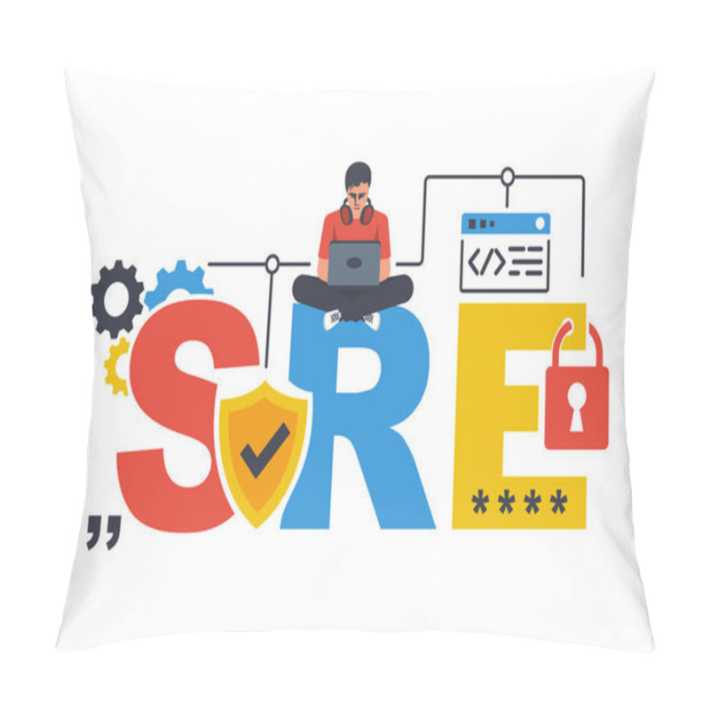 Personality  Site Reliability Engineering. SRE Concept. A Young Programmer With A Laptop Is Designing A Website. Safe Software. Vector Illustration Flat Design. Isolated On White Background. Pillow Covers