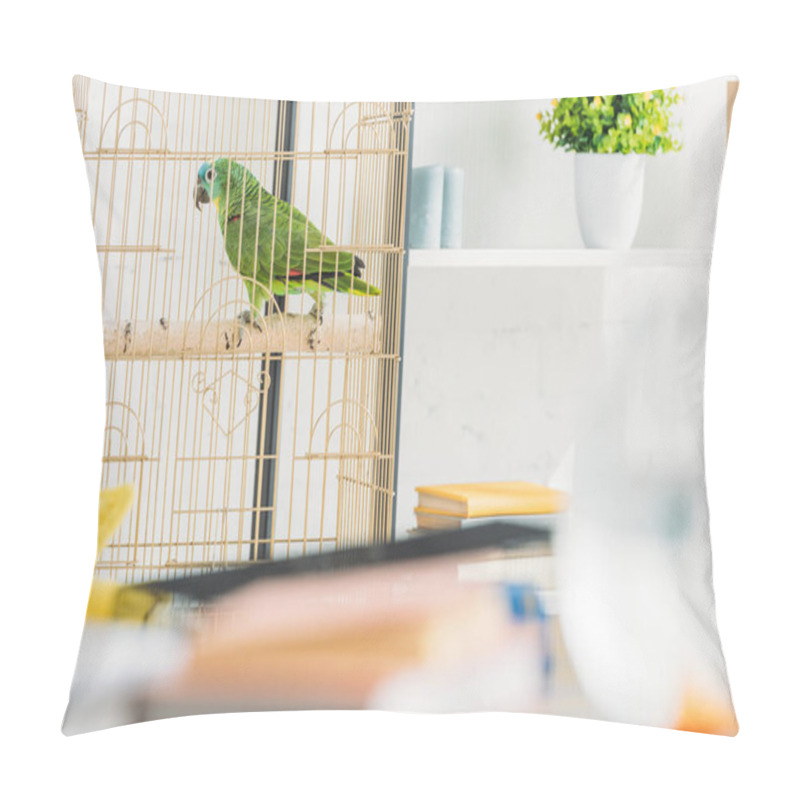 Personality  Selective Focus Of Green Parrot Sitting In Bird Cage Near Shelf With Flowerpot Pillow Covers