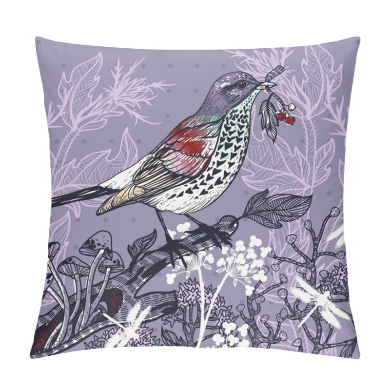 Personality  Vector Illustration Of A Forest Bird And Wild Plants And Mushrooms Pillow Covers