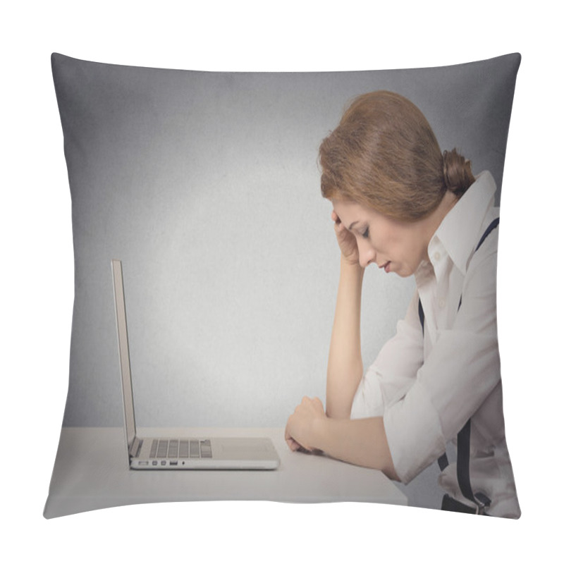 Personality  Depressed Woman In Front Of Laptop Pillow Covers