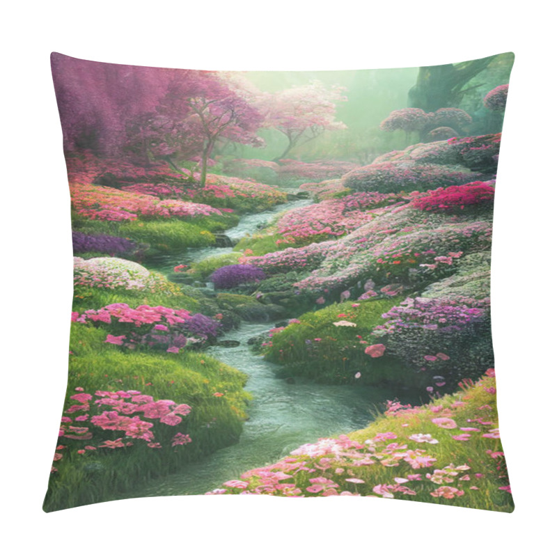 Personality  Beautiful Garden Landscape With Canal Background. Outdoor Garden With Sunlight. 3D Illustration. Pillow Covers