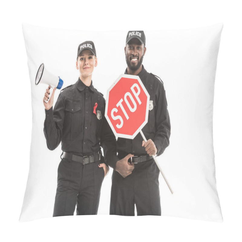 Personality  Smiling Police Officers With Stop Road Sign And Megaphone Looking At Camera Isolated On White, Aids Awareness Concept Pillow Covers