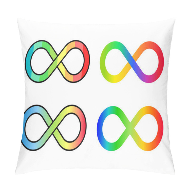 Personality   Infinity Loop Rainbow Icon Set. Neurodiversity Concept. Autism Acceptance Symbol. Set Of Four Colorful Endless Loops. The Range Of Differences In Individual Brain Function. Vector Illustration Pillow Covers