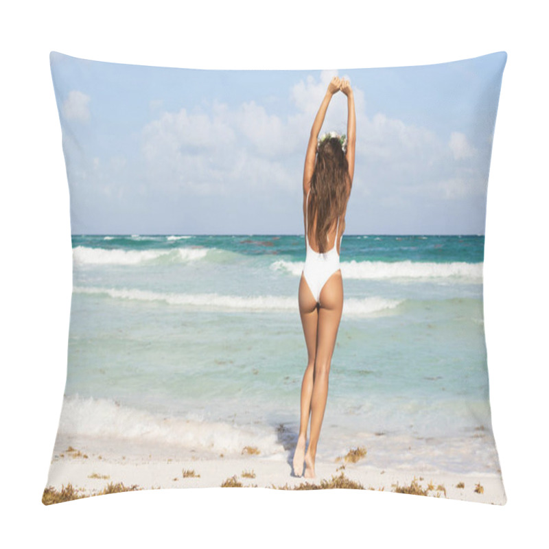 Personality  Young Sexy Woman Wearing White Swimsuit Is Posing On The Beach Pillow Covers