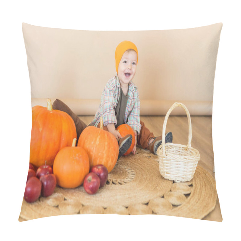 Personality  A Little Boy Sits Among Pumpkins With A Basket Of Ducklings. Pillow Covers