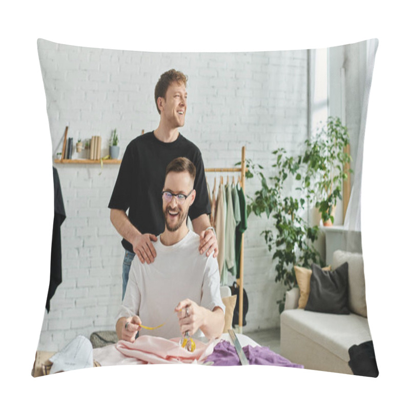 Personality  Two Men Collaborate On A Stylish Project In Their Designer Workshop. Pillow Covers