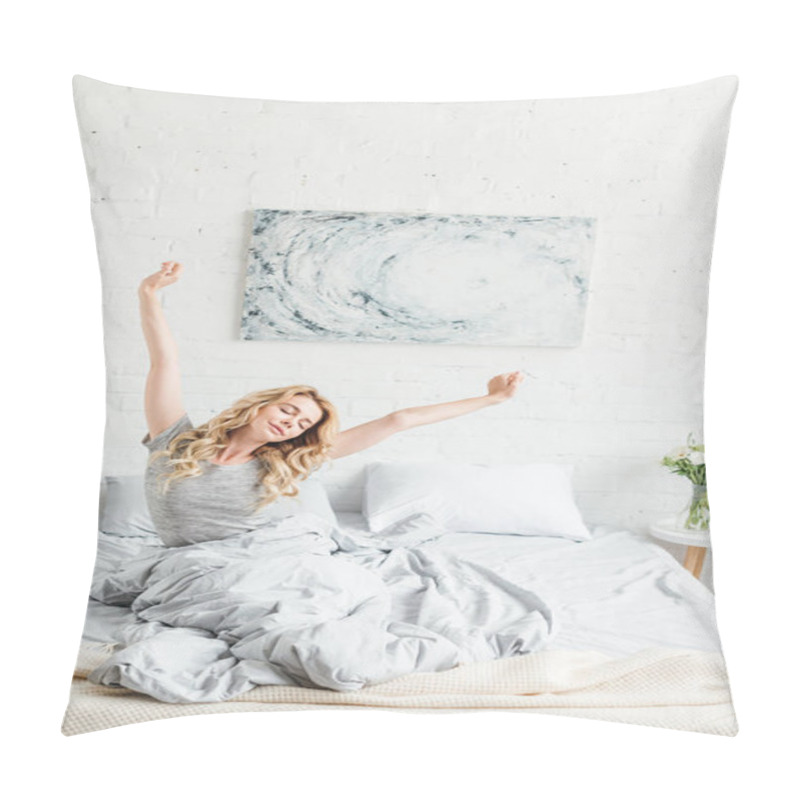 Personality  Happy Young Woman Sitting With Outstretched Hands While Waking Up At Home  Pillow Covers