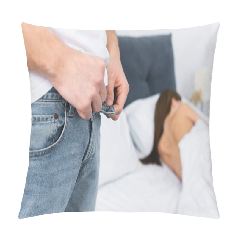 Personality  Cropped View Of Man Taking Of Jeans And Woman Sleeping On Background  Pillow Covers