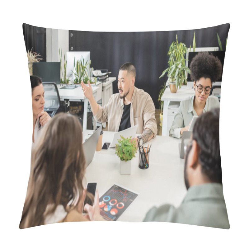 Personality  Asian Man Sharing Ideas With Team Lead And Colleagues While Working Together On Startup Project Pillow Covers