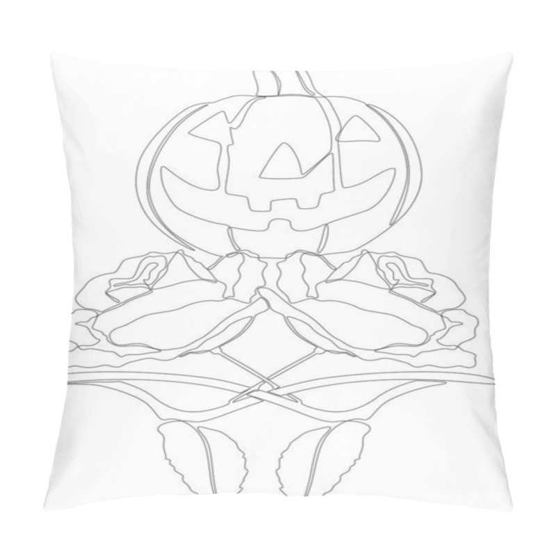 Personality  One Continuous Line Of Jack O' Lantern With Rose Flowers. Thin Line Illustration Vector Concept. Contour Drawing Creative Ideas. Pillow Covers