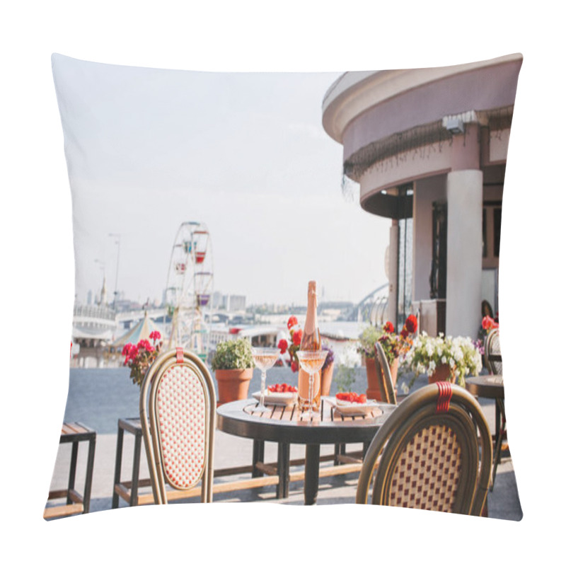 Personality  Bottle Of Champagne, Glasses And Gourmet Desserts On Round Table In Outdoor Cafe  Pillow Covers