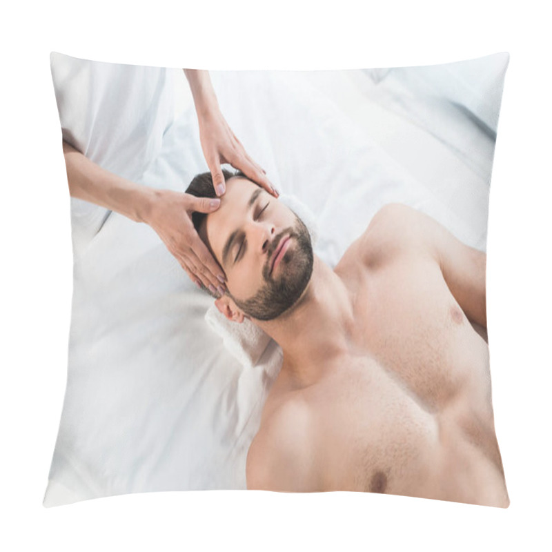 Personality  Overhead View Of Masseur Doing Massage To Handsome Man With Closed Eyes Pillow Covers