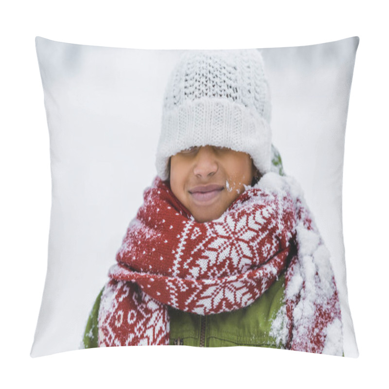 Personality  Smiling African American Child In Warm Clothing With Knitted Hat Pulled Over Eyes In Winter Pillow Covers