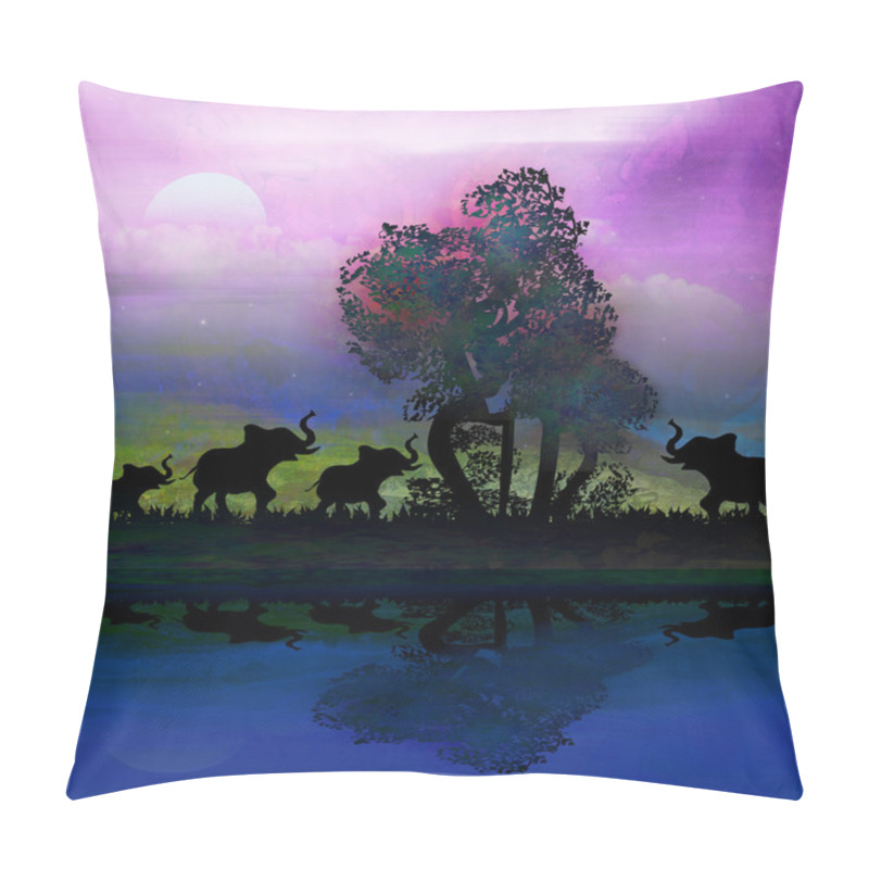 Personality  Silhouette Of Elephants In Africa Theme Setting With Beautiful C Pillow Covers