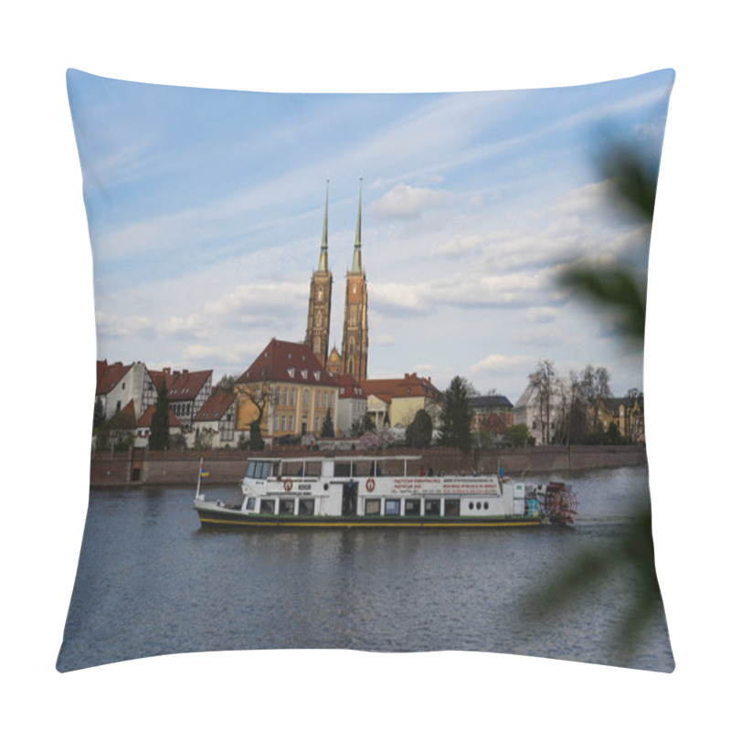 Personality  WROCLAW, POLAND - APRIL 18, 2022: Boat On River Water With Buildings On Embankment At Background  Pillow Covers