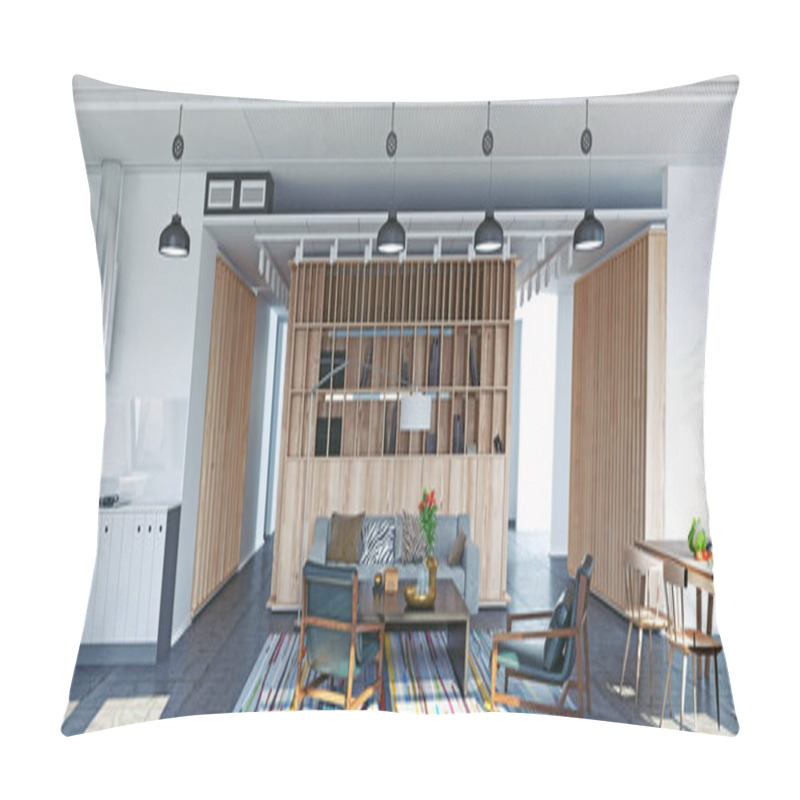 Personality  Modern Loft Apartment Design Concept. 3d Rendering Illustration Pillow Covers