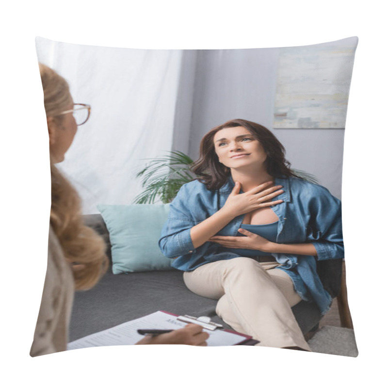 Personality  Brunette Woman Appreciating Help Of Therapist Pillow Covers