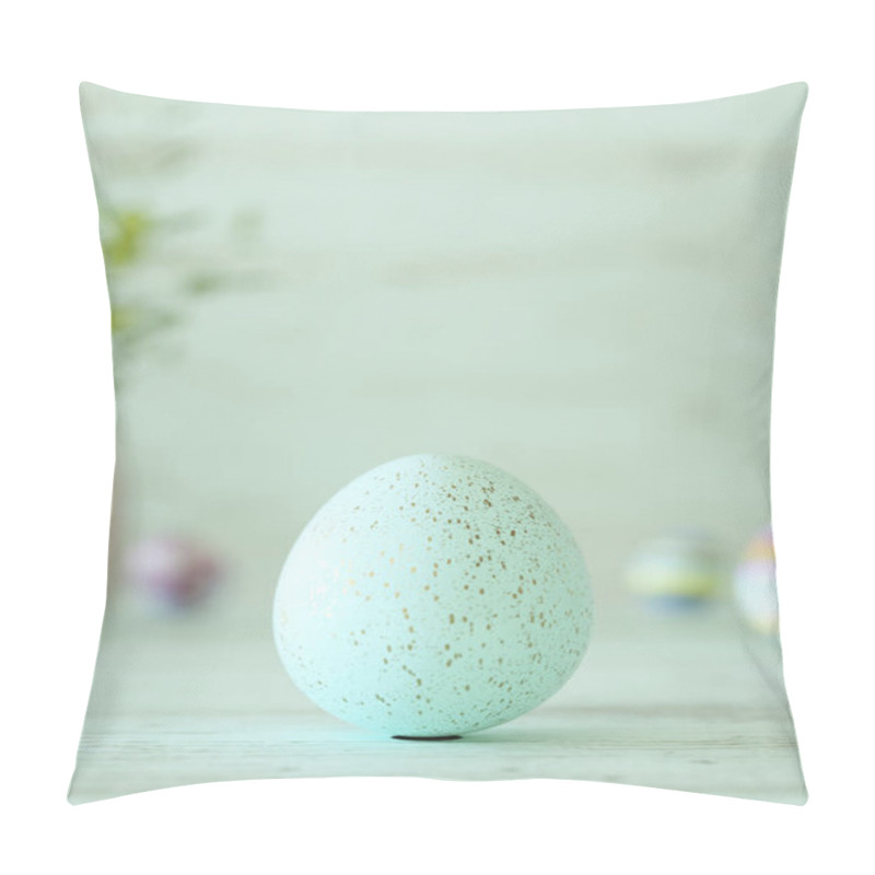 Personality  Easter Egg Standing On Its Blunt End, Decorated In Green Stripes. Close-up View With Blurred Cyan Background With Copy Space Pillow Covers