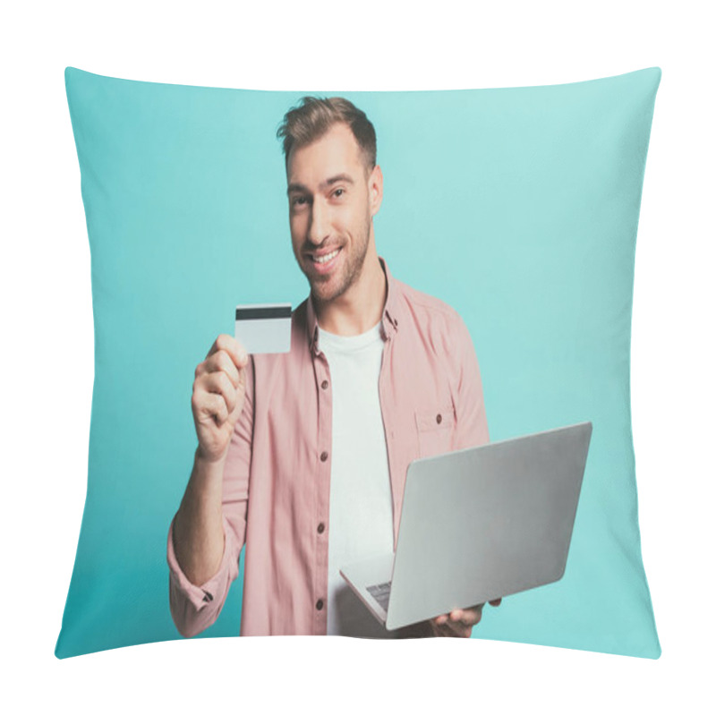 Personality  Bearded Man Shopping Online With Credit Card And Laptop, Isolated On Blue Pillow Covers