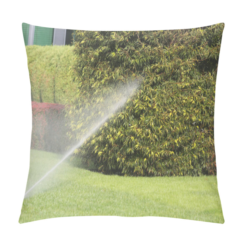 Personality  Gardening. Lawn Sprinkler Spraying Water Over Green Grass In Garden Pillow Covers