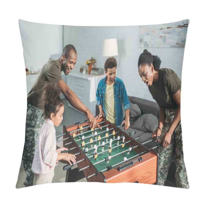 Personality  Woman And Man In Army Uniform And Cheerful Kids Playing Table Football  Pillow Covers