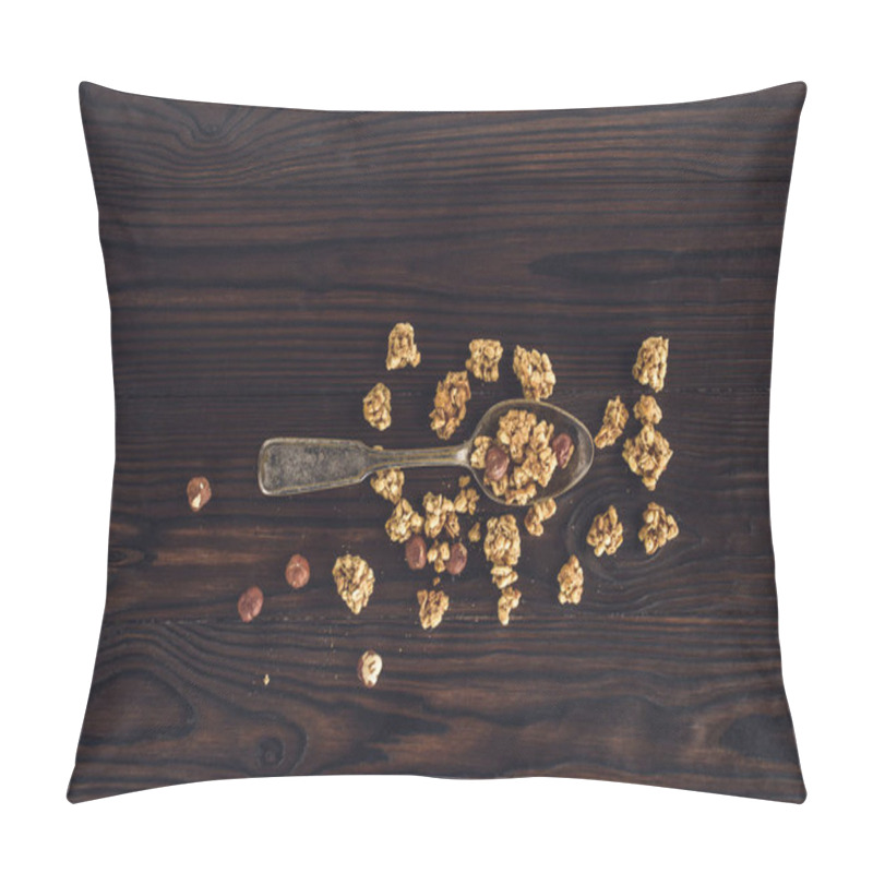 Personality  Top View Of Crunchy Granola And Hazelnuts On Spoon On Wooden Table Pillow Covers