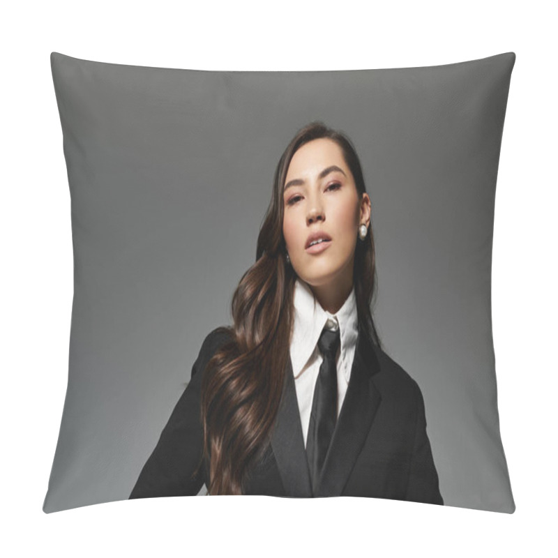 Personality  A Beautiful Young Woman Poses Confidently In Stylish Clothes Against A Grey Backdrop. Pillow Covers