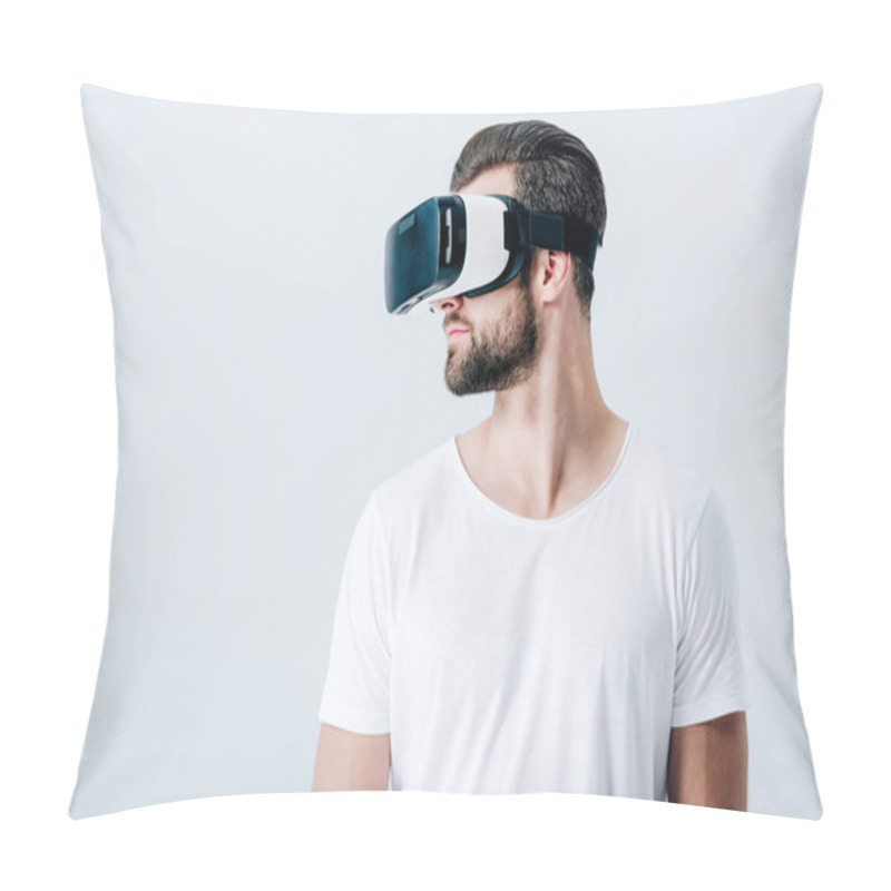 Personality  Bearded Man In Virtual Reality Headset Isolated On Grey With Copy Space Pillow Covers