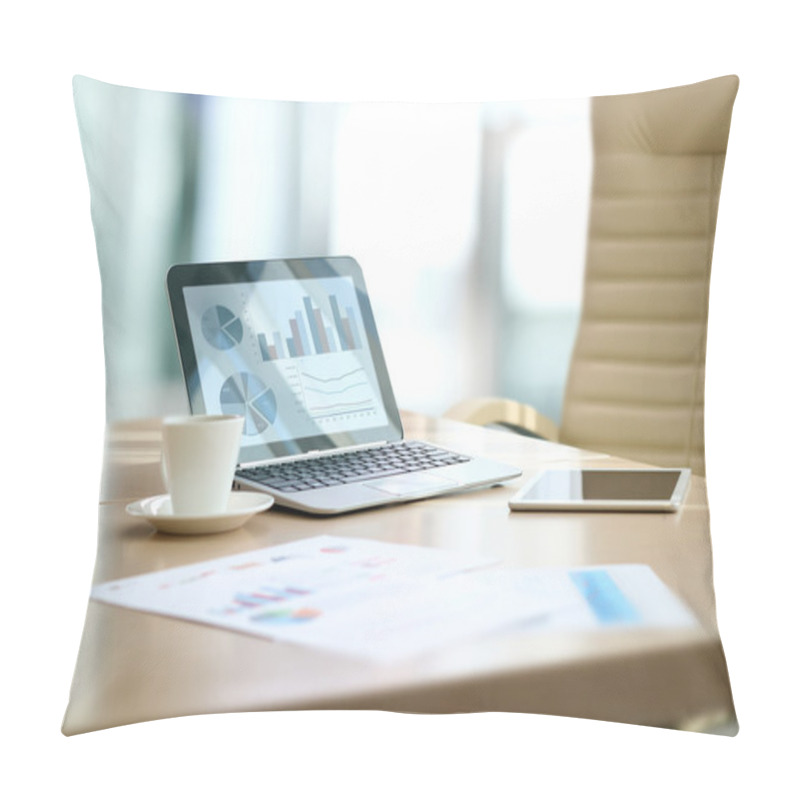 Personality  Working Place With Laptop, Digital Tablet; Graphs At The Office Pillow Covers