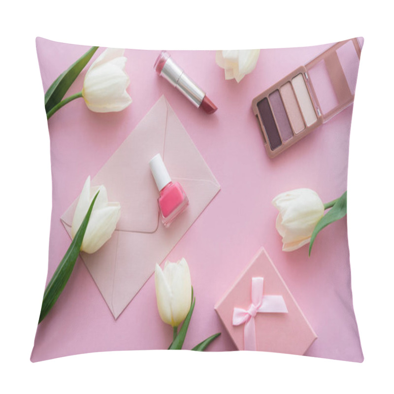 Personality  Top View Of White Tulips Near Envelope, Gift Box And Decorative Cosmetics On Pink Pillow Covers