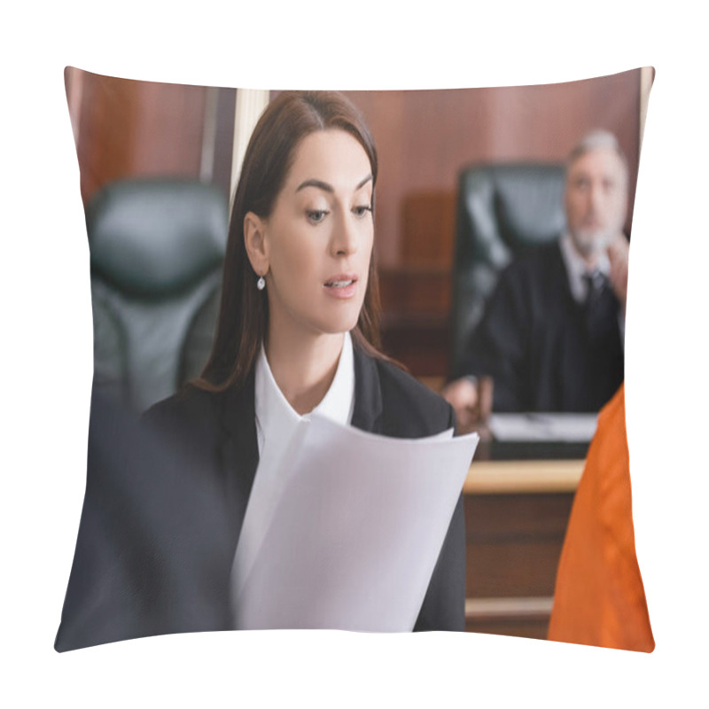 Personality  Brunette Prosecutor Reading Lawsuit In Court On Blurred Foreground Pillow Covers