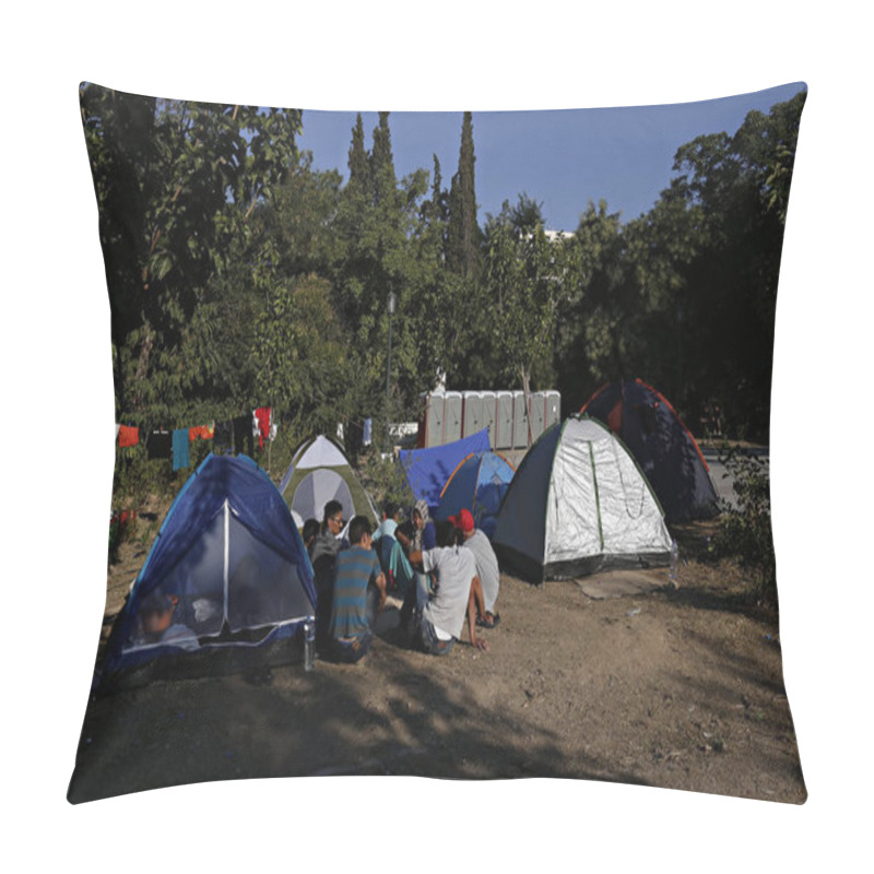 Personality  Refugees And Migrants In A Makeshift Camp At Pedion Tou Areos Park Where Some 1500 Migrants And Refugees Live In A Makeshift Camps In Athens, Greece On Aug. 3, 2015 Pillow Covers