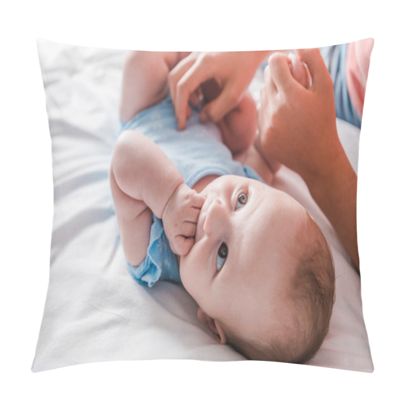 Personality  Cropped View Of Mother Holding Hand Of Infant Daughter Sucking Fingers  Pillow Covers