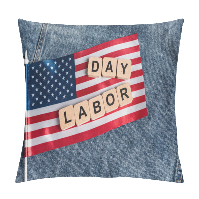 Personality  Top View Of Small Usa Flag And Cubes With Labor Day Lettering On Blue Denim Cloth Pillow Covers