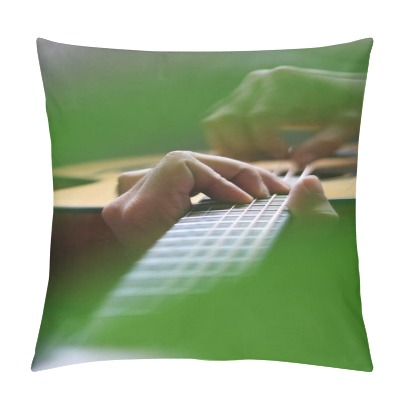 Personality  Hrough The Cut-outs Of A Monstera Leaf, Hands Can Be Seen Playing Chords And Melodies On The Neck Of An Acoustic Guitar Pillow Covers