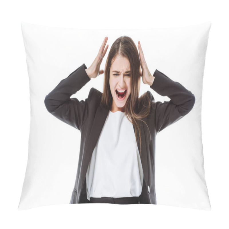 Personality  Angry Businesswoman In Suit Screaming Isolated On White Pillow Covers