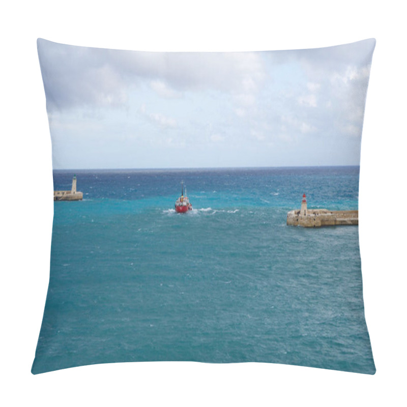 Personality  VALLETTA, MALTA - DEC 31st, 2019: View From Fort St Elmo On Red And Green Lighthouse Pier Light At The Harbour Entrance Of Grand Harbour Valletta Malta With Red Ship Pillow Covers