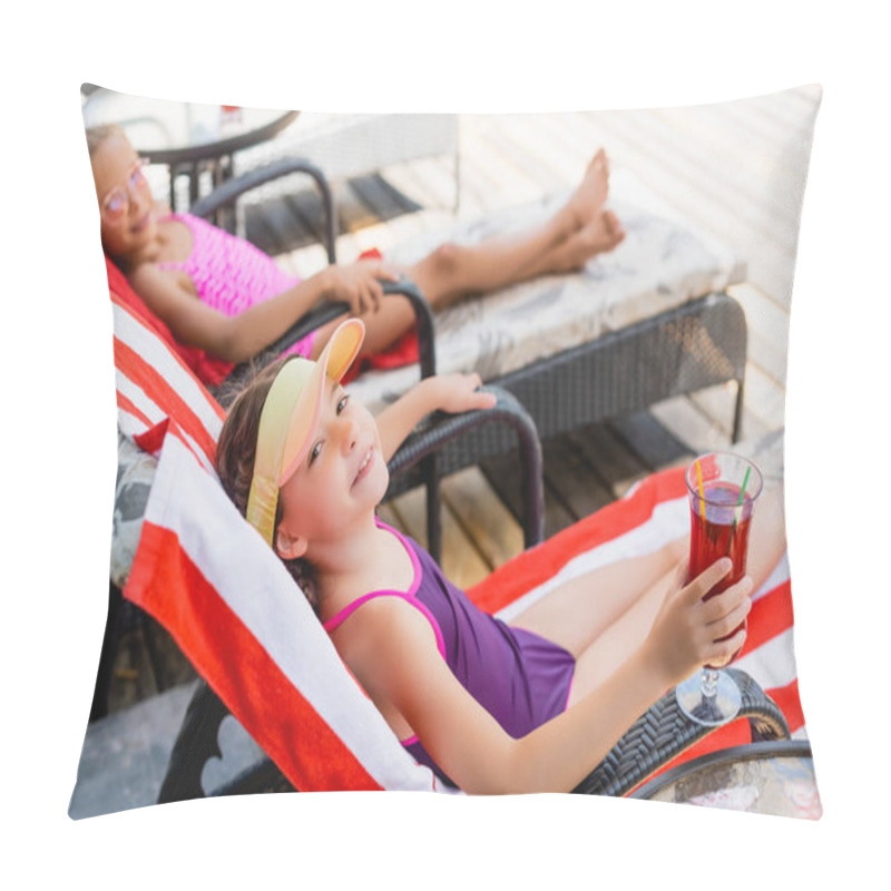 Personality  Selective Focus Of Girl In Swimsuit Holding Glass Of Fresh Cocktail While Sitting In Sunbeds Near Friend Pillow Covers