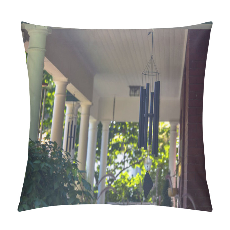 Personality  Wind Chimes Hanging From A House With White Pillars In The Deck Area On A Sunny Day Pillow Covers