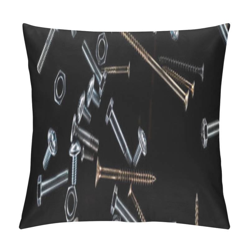 Personality  Panoramic Shot Of Scattered Nuts, Bolts And Studs Isolated On Black Pillow Covers