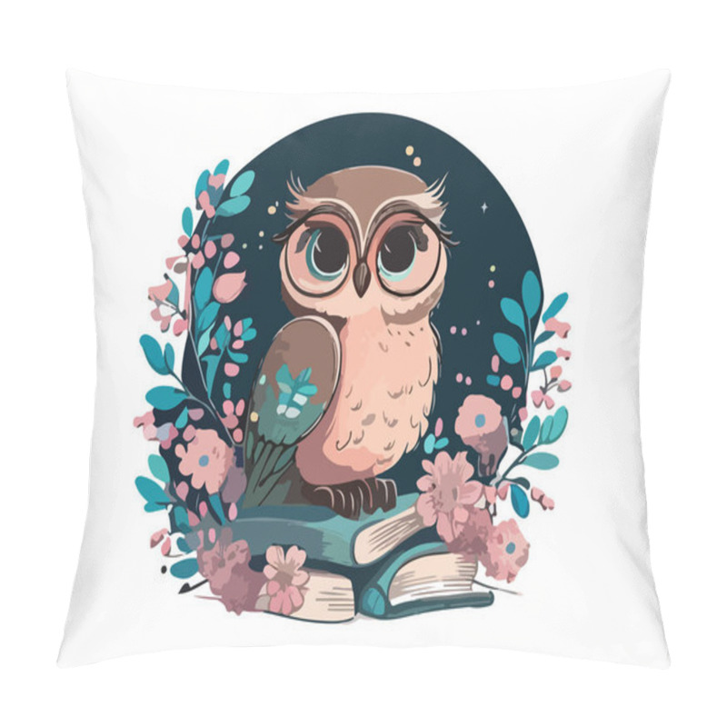 Personality  Wise Owl With Glasses Sitting On A Book, Cosmic Background With Moon And Stars Decorated By Flower Frame In White Background Pillow Covers