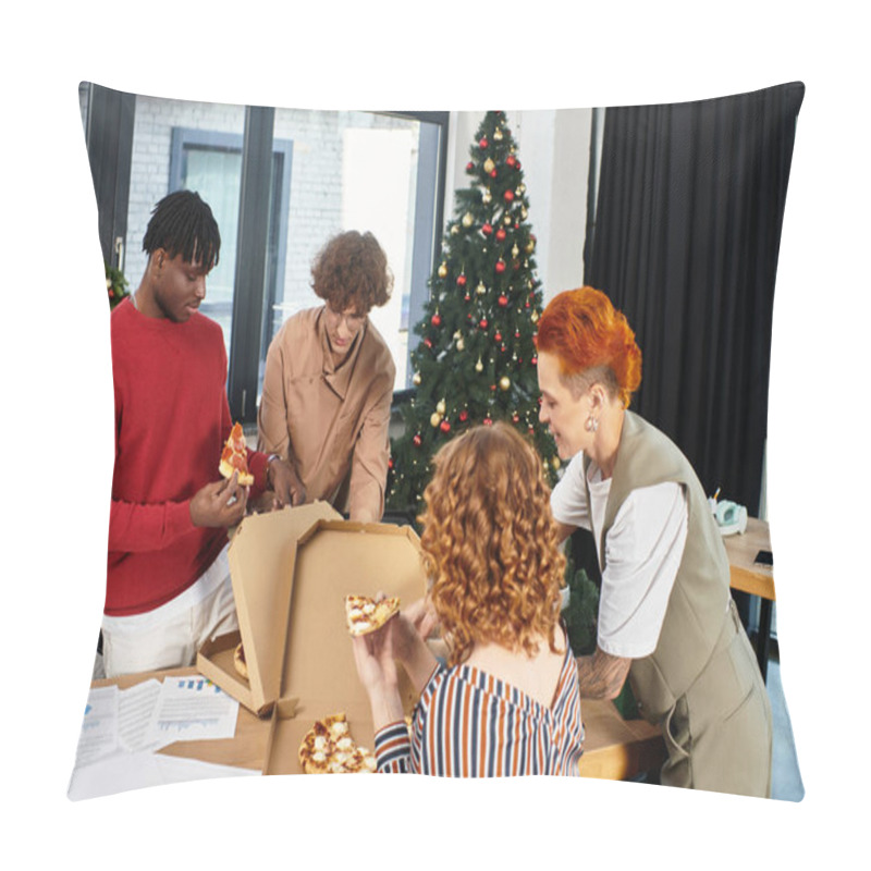 Personality  A Festive Gathering Of Young Colleagues Enjoying Pizza And Celebrating Together During Christmas Pillow Covers