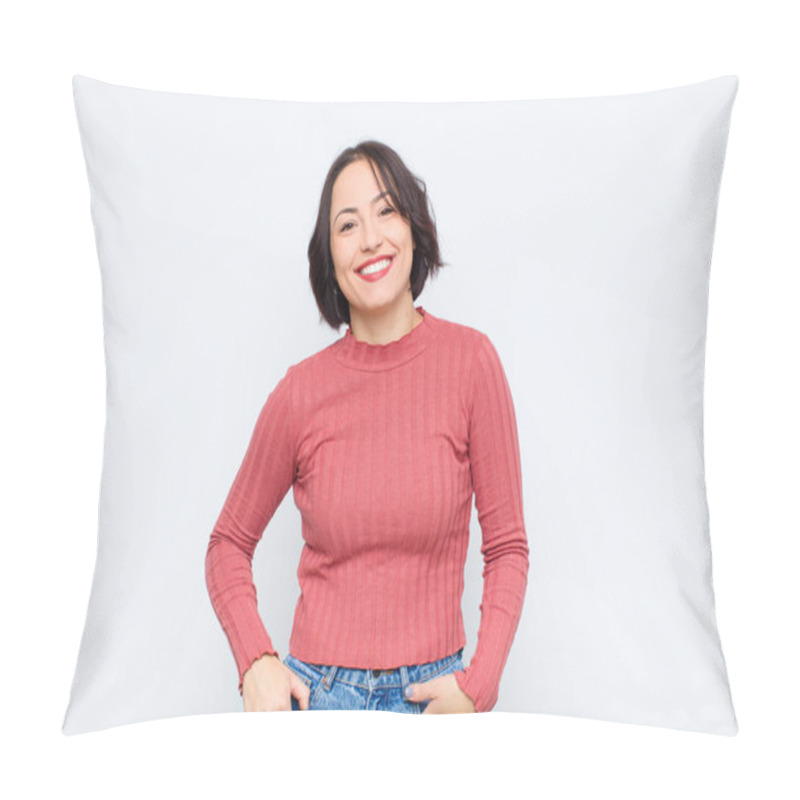 Personality  Young Pretty Woman Smiling Cheerfully And Casually With A Positive, Happy, Confident And Relaxed Expression Against White Wall Pillow Covers