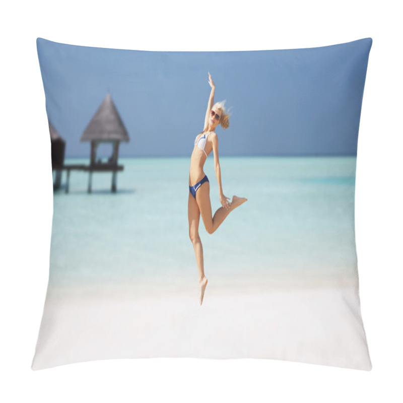 Personality  Happy Young Woman Jumping Over Exotic Beach Pillow Covers