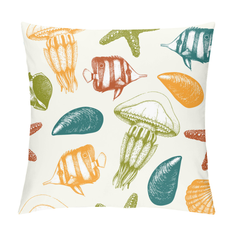 Personality  Pattern With Fishes, Sea Shells, Sea Stars And Jellyfishes Pillow Covers