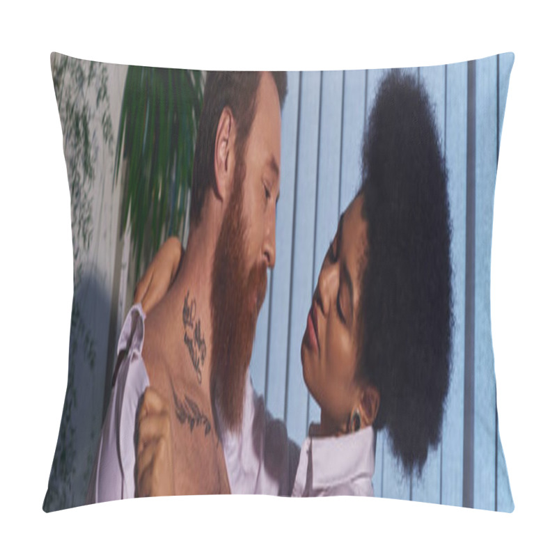 Personality  African American Woman Seducing Bearded Businessman And Looking At His Tattoos, Secret Love, Banner Pillow Covers